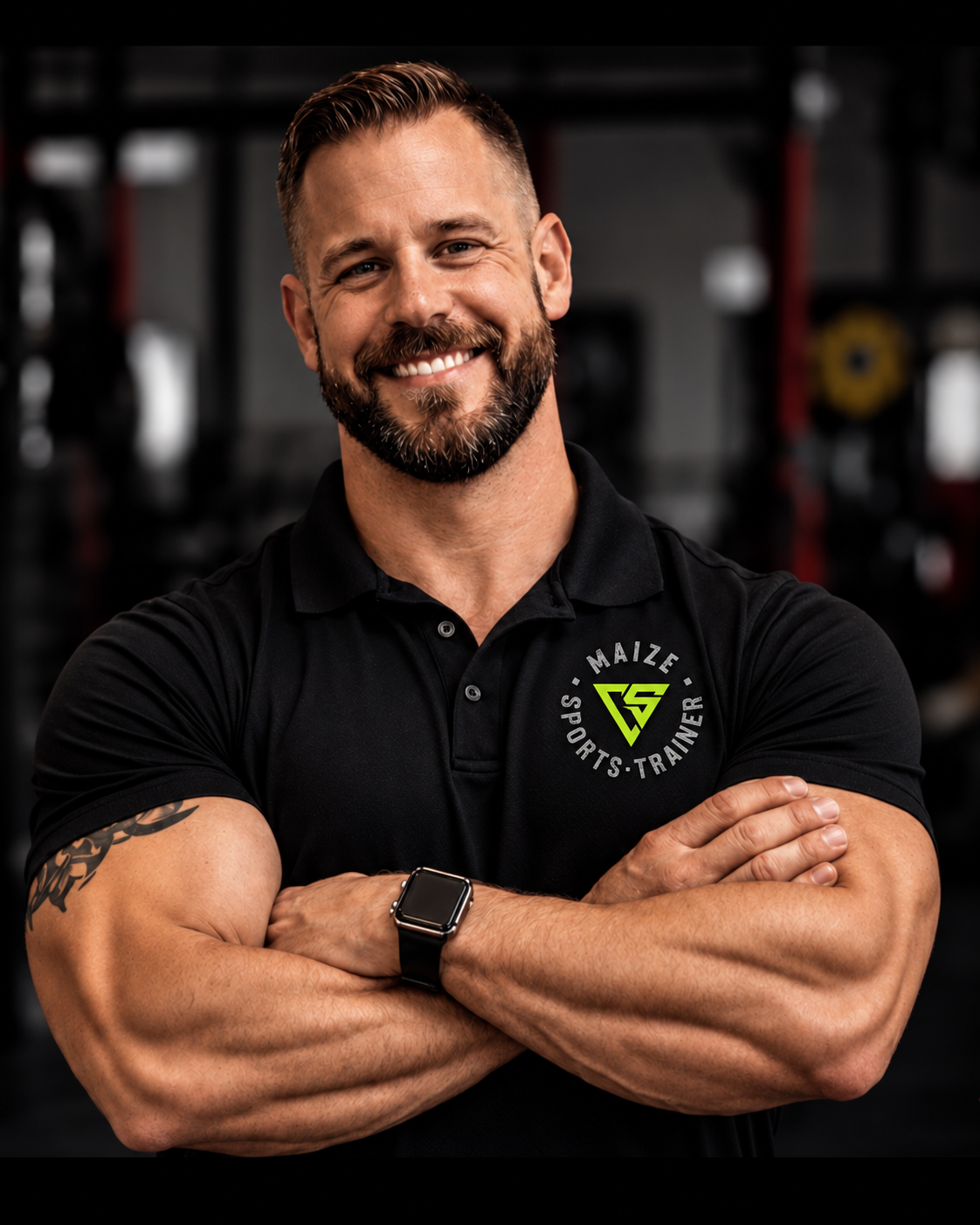 Coach Chris Story in a black Maize Sports Trainer polo in the gym